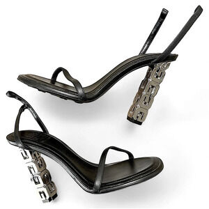 Givenchy Heels Women’s 37 Silver Cube Ankle Strap Round Open Toe Leather Black